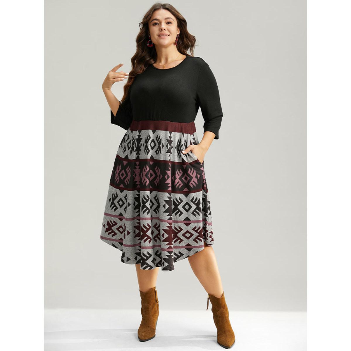 Plus Size Christmas Geometric Contrast Curved Hem Dress Black Women Casual Printed Round Neck Elbow-length sleeve Curvy Midi Dress BloomChic 14-16/1X Product Image