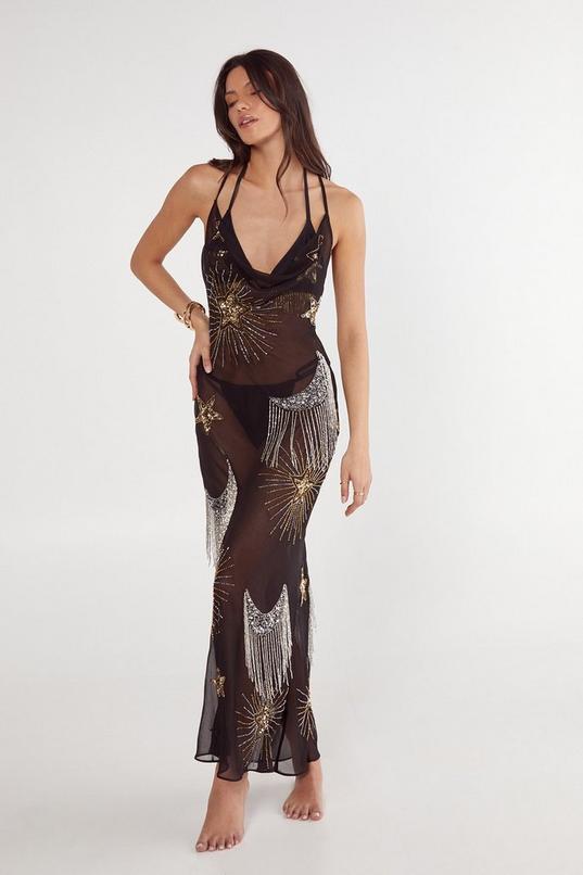 Celestial Embellished Tassel Detail Cowl Maxi Dress Product Image