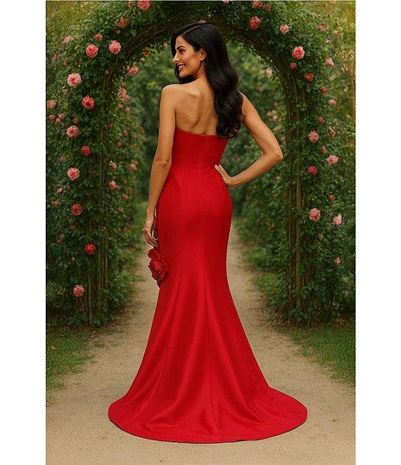 Terani Couture Mikado Strapless Floral Applique Sheath Gown Product Image