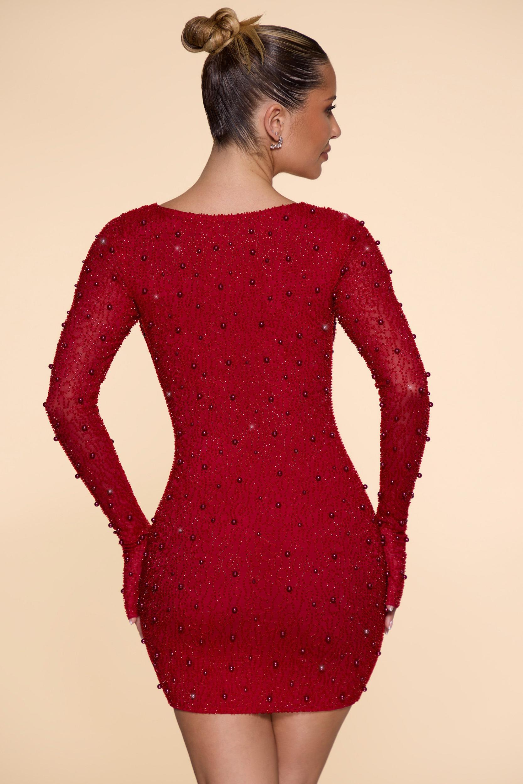 Long Sleeve Deep Plunge Mini Dress in Red Product Image