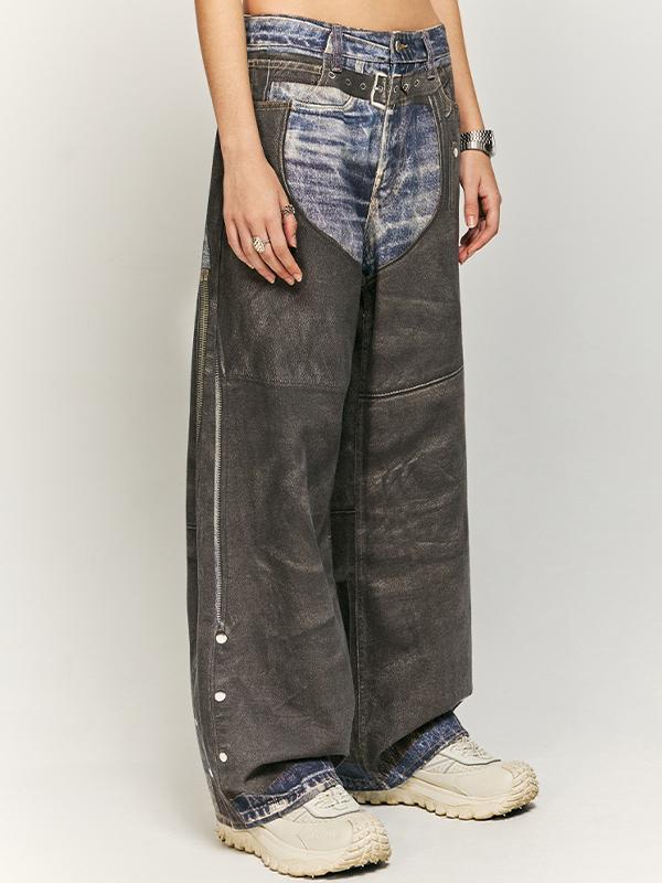 Retro Distressed Faux Leather Patchwork Printed Jeans Product Image