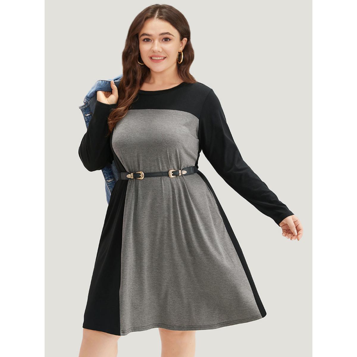 Plus Size Supersoft Essentials Two Tone Pocket Dress Black Women Casual Patchwork Round Neck Long Sleeve Curvy Knee Dress BloomChic 28/5X Product Image