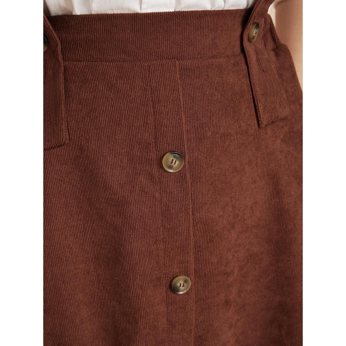 Plus Size Solid Button Detail Pocket Corduroy Suspender Skirt Women Brown Elegant Plain Loose No stretch Pocket Dailywear Skirts BloomChic 10/M Product Image