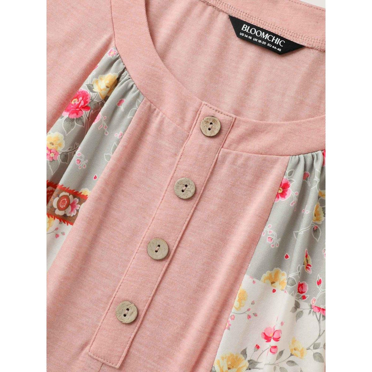 Plus Size Stretchy Color Block Floral T-Shirt Nudepink Women Contrast Round Neck Casual T-shirts BloomChic 14-16/1X Product Image