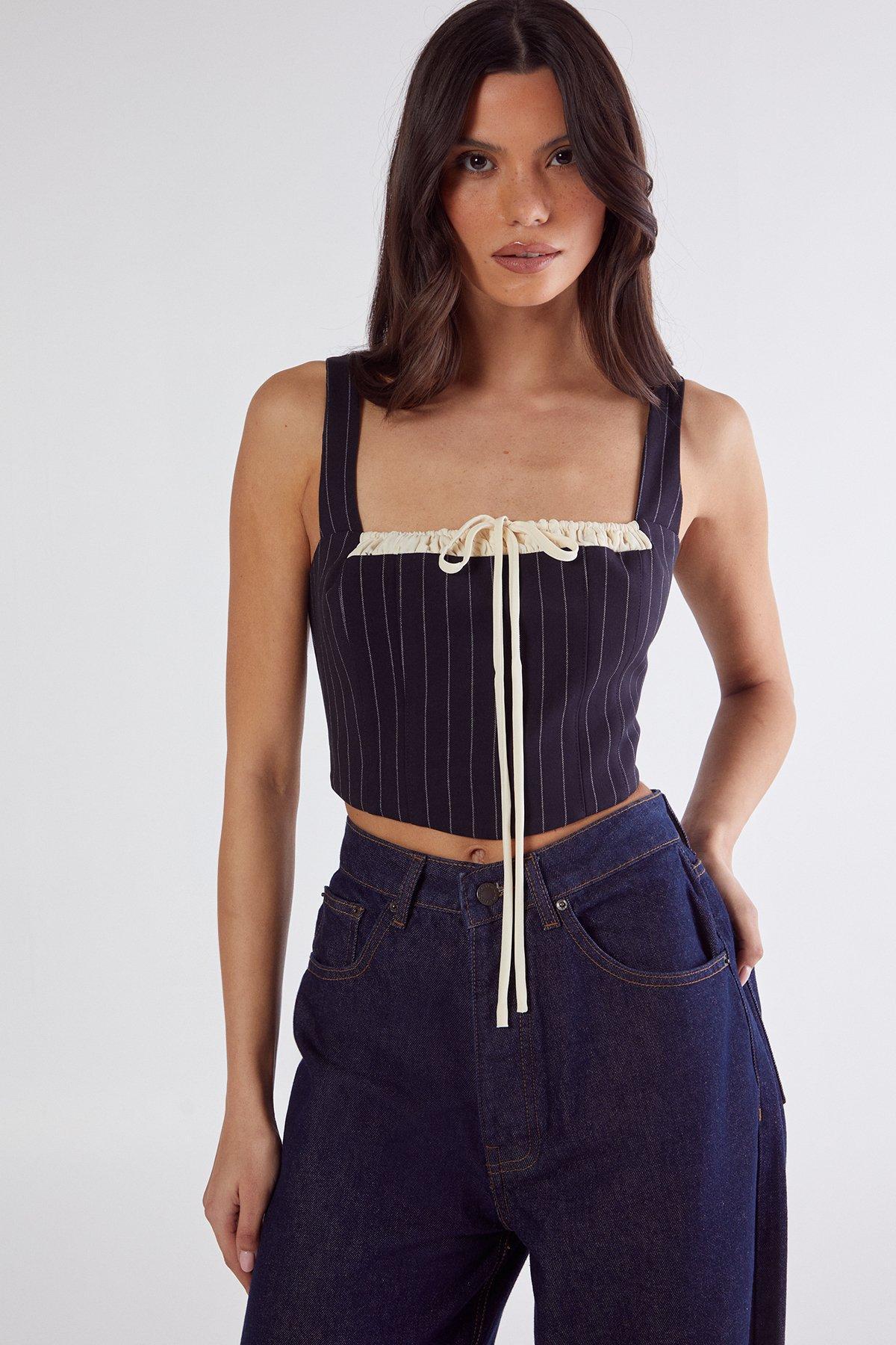 Pinstripe Contrast Bust Tailored Corset Top Product Image