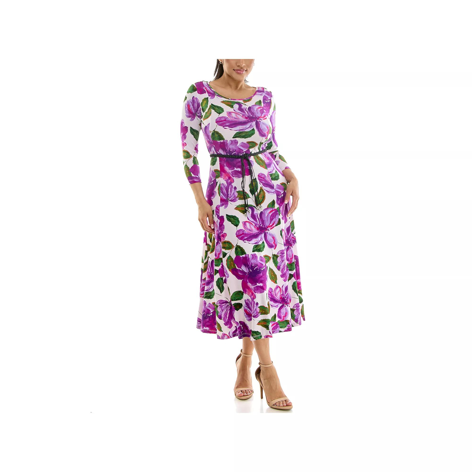 Women's Nina Leonard Sylvia Three-Quarter Sleeve Belted Midi Dress, Size: Small, Vibrant Purple Team Product Image