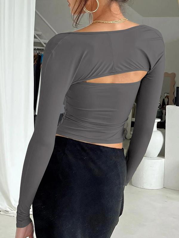 Long Sleeves Skinny Solid Color Collarless T-Shirts Tops Product Image