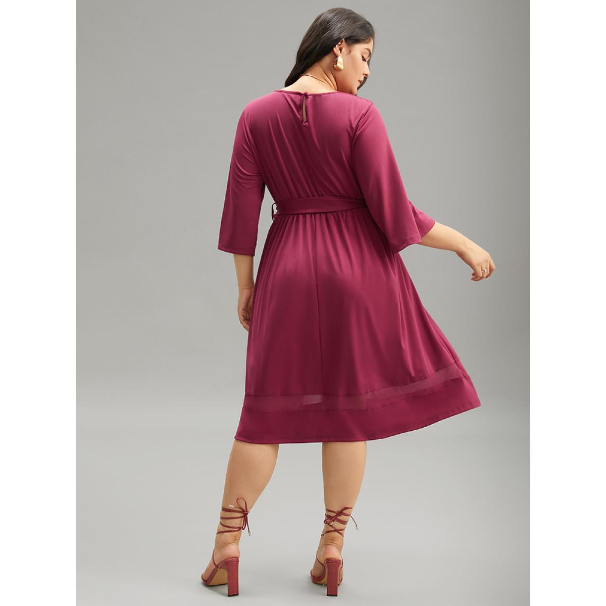 Plus Size Patchwork Mesh Pocket Belted Dress Burgundy Women Elegant See through Round Neck Elbow-length sleeve Curvy Midi Dress BloomChic 26/4X Product Image
