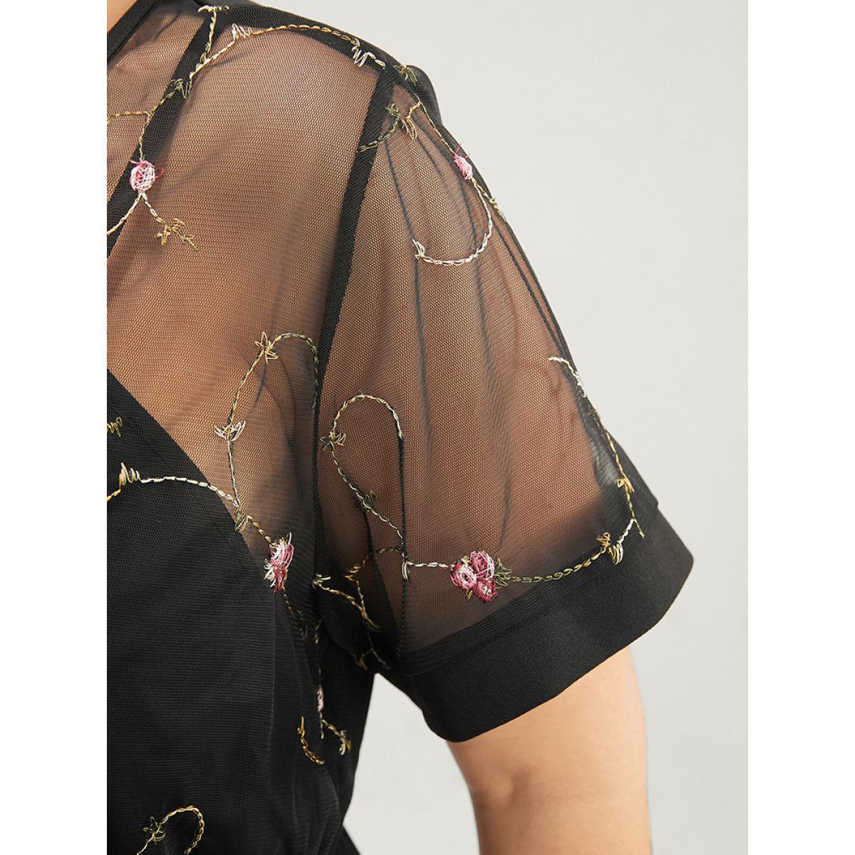 Plus Size Black Floral Embroidered Mesh Patchwork Ruffles Blouse Women Glamour Short sleeve Round Neck Party Blouses BloomChic 26/4X Product Image