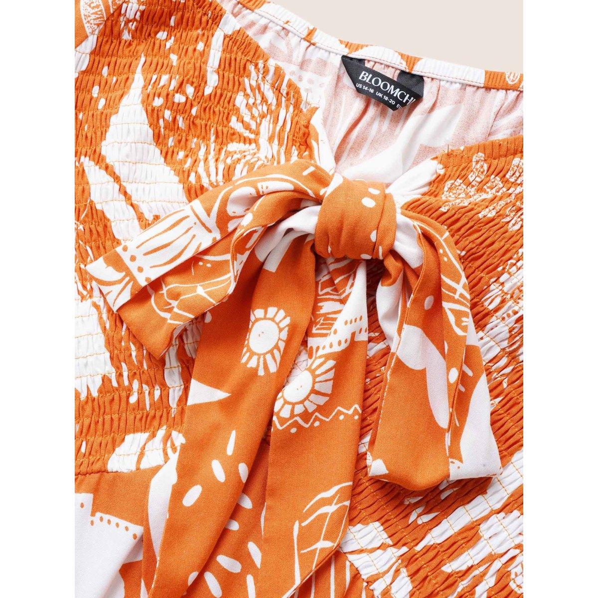 Plus Size Brightorange Tropical Print Bowknot Shirred Lantern Sleeve Blouse Women Resort Short sleeve V-neck Vacation Blouses BloomChic 10/M Product Image