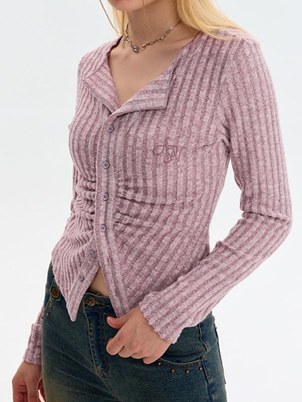 Solid Color Lapel Neck Ruched Breasted Long Sleeve Knit Product Image
