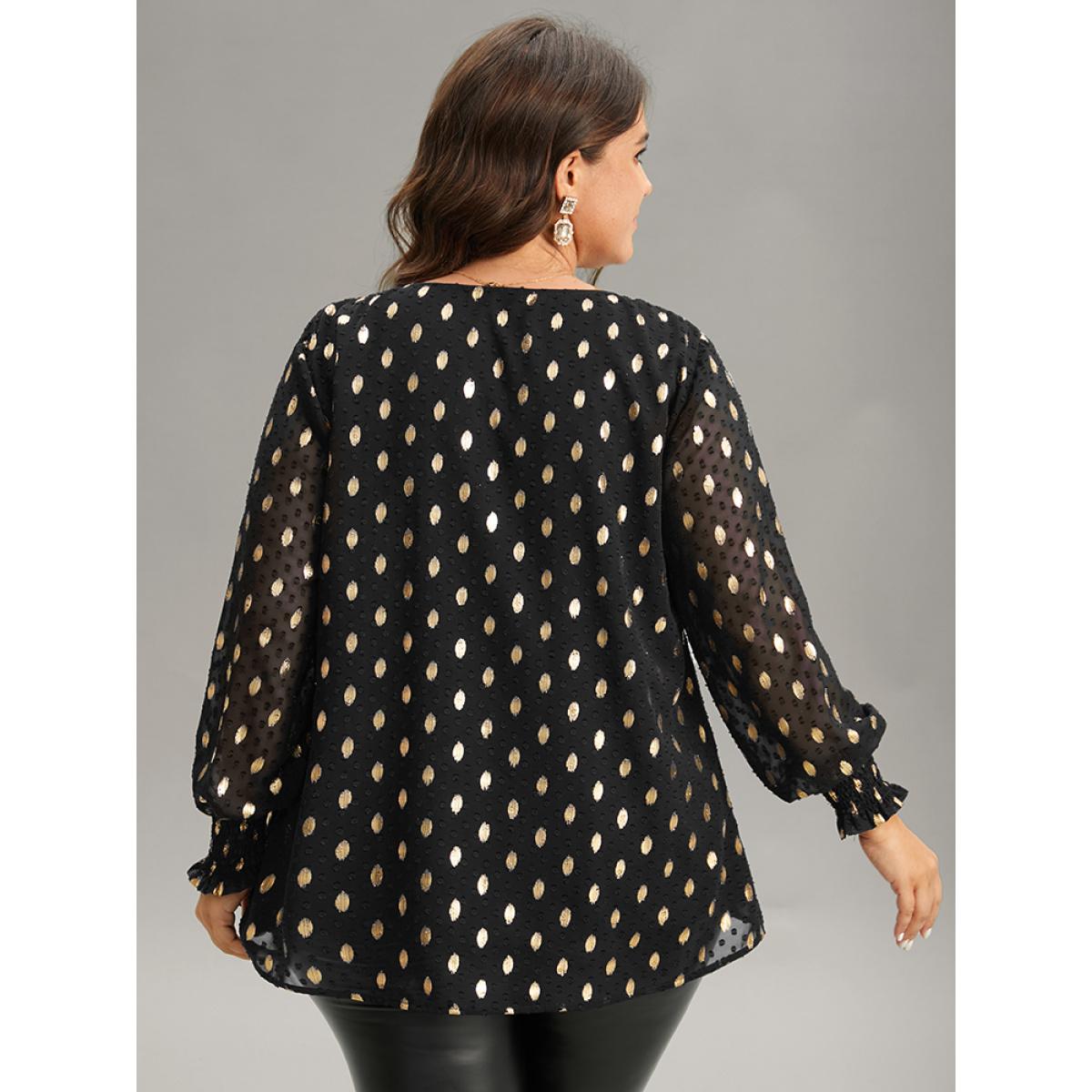 Plus Size Black Glitter Polka Dot Textured Shirred Tiered Blouse Women Glamour Long Sleeve V-neck Party Blouses BloomChic 14-16/1X Product Image