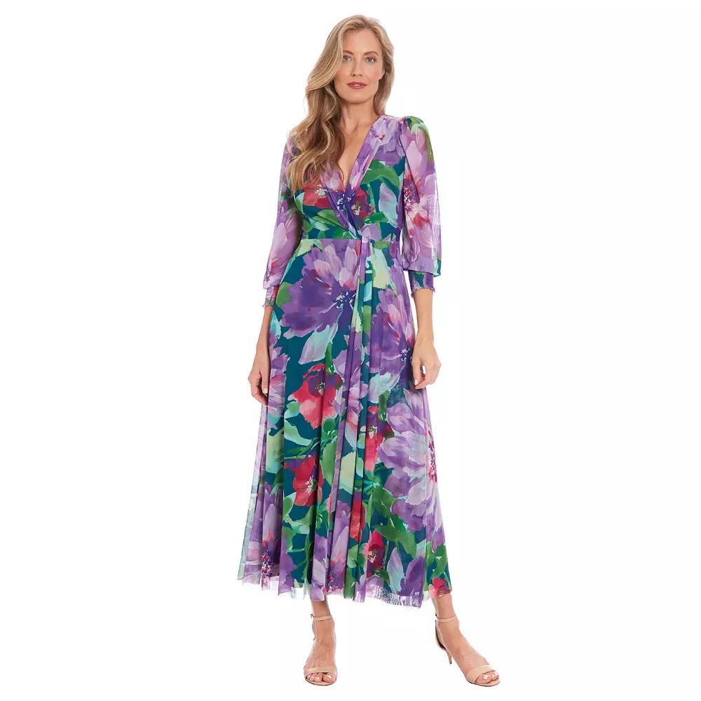 Women's London Times Floral Bishop Sleeve Mesh Surplice Maxi Dress, Size: Large, Purple Floral Product Image