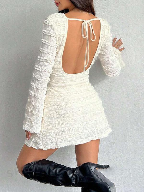 Bodycon Long Sleeves Backless Lace-Up Pleated Solid Color Split-Joint Round-Neck Mini Dresses Product Image
