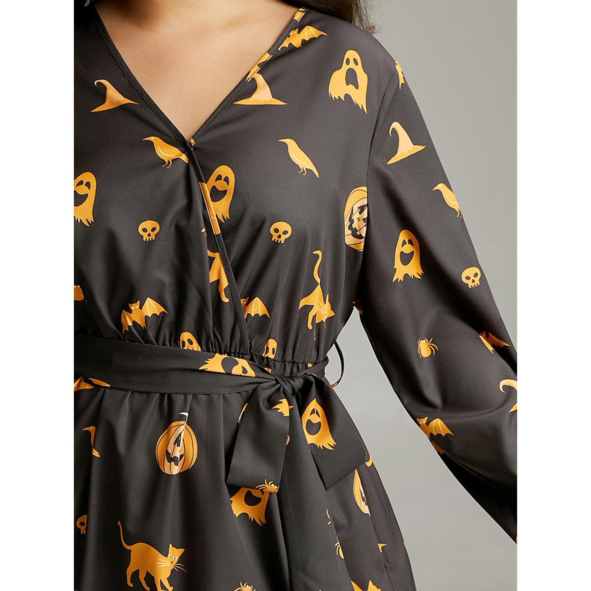Plus Size Halloween Pumpkin & Bat Print Wrap Lantern Sleeve Dress Black Women Office Elastic cuffs Overlap Collar Long Sleeve Curvy Midi Dress BloomChic 30/6X Product Image