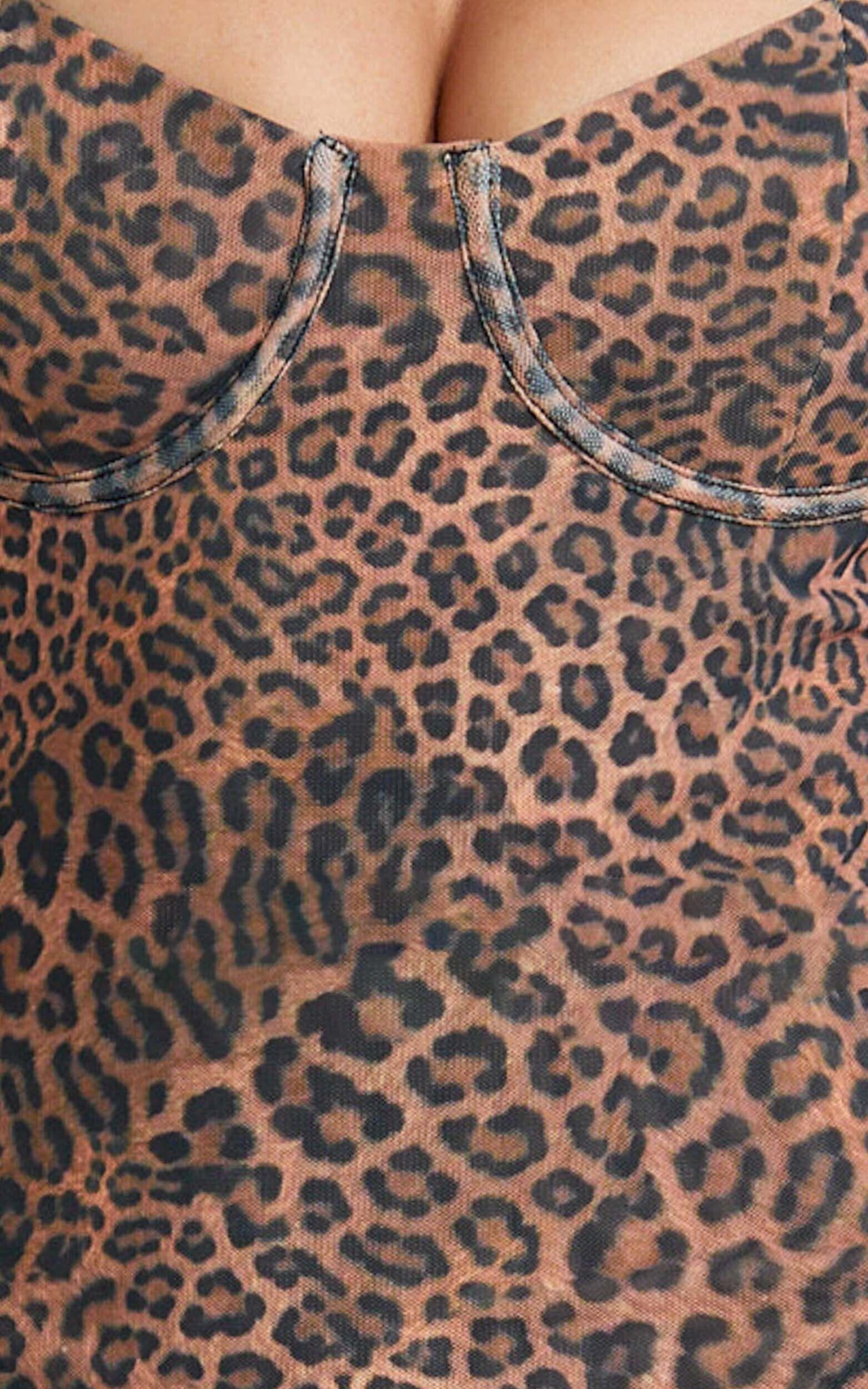 Laney Maxi Dress - Mesh Sweetheart Neck Bodycon Dress in Leopard Print Product Image