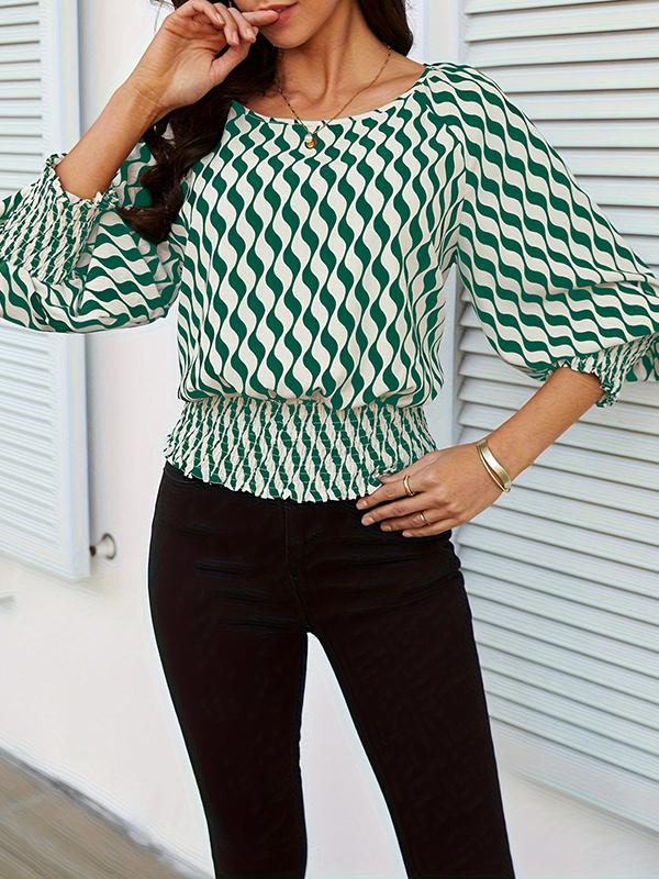Loose Puff Sleeves Elasticity Printed Split-Joint Round-Neck Blouses&Shirts Tops Product Image
