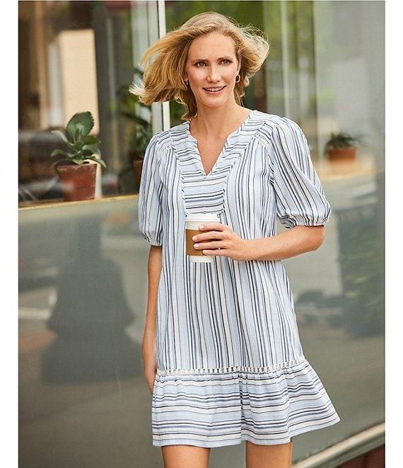 Nurture Stripe Print Elbow Sleeve V-Neck Short A-Line Dress Product Image