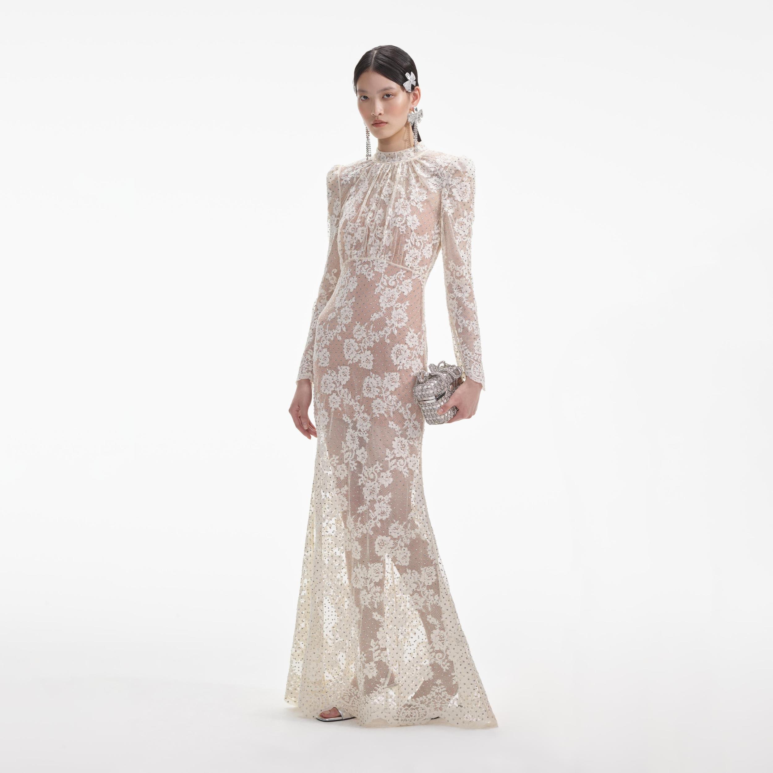 White Rhinestone Lace Maxi Dress Product Image