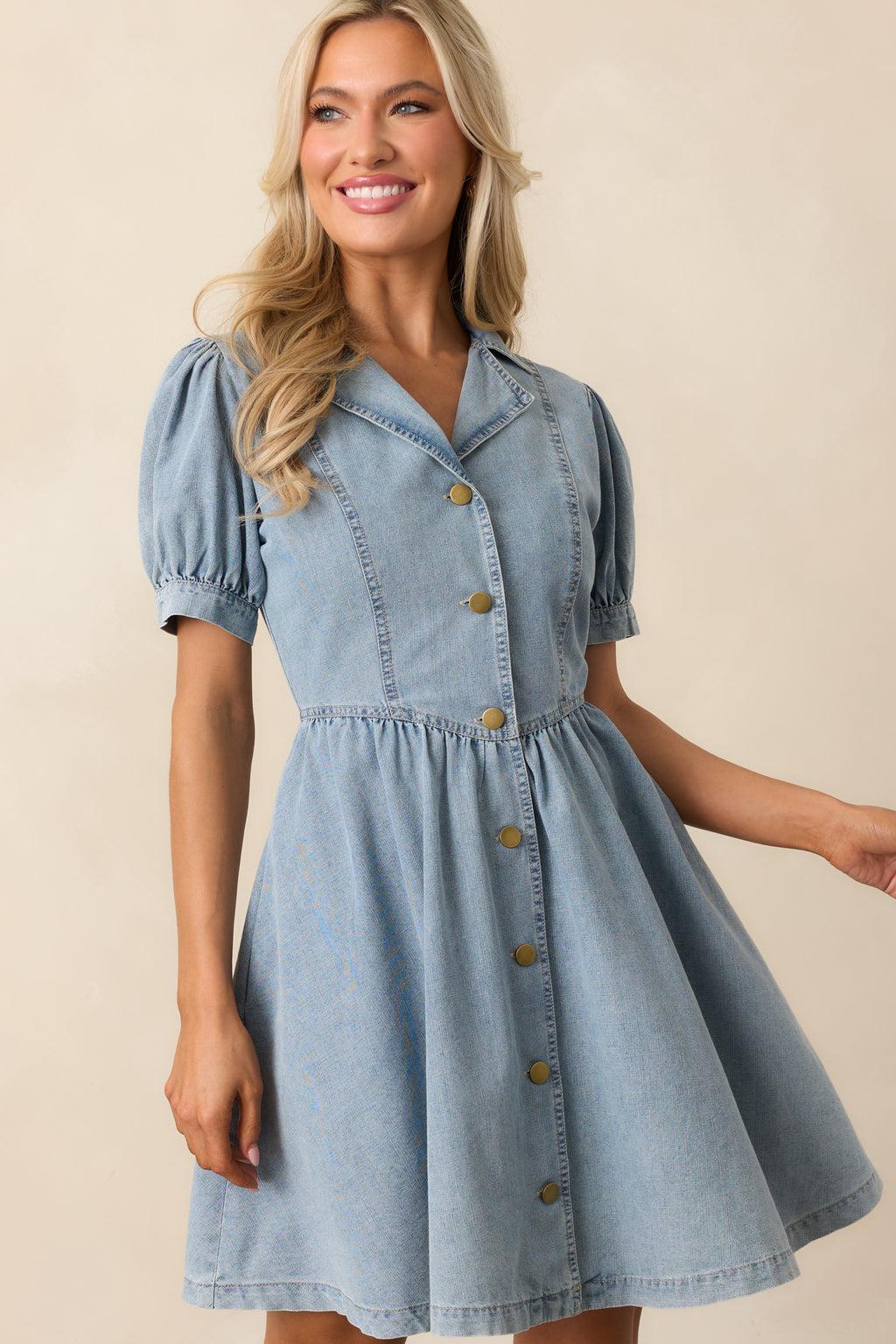 The World Awaits Light Wash Denim Mini Shirt Dress Product Image