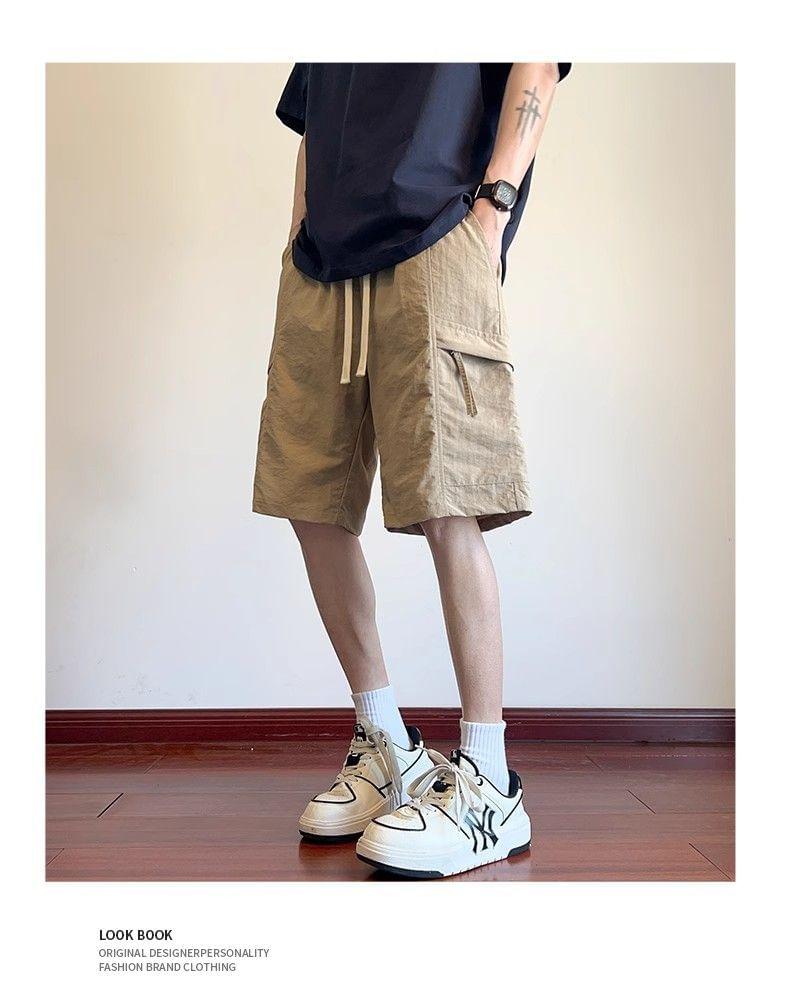 Drawstring Waist Plain Cargo Shorts Product Image