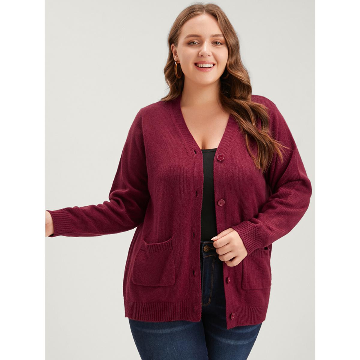 Plus Size Solid Pointelle Knit Pocket Belted Button Front Cardigan Scarlet Women Casual Loose Long Sleeve Office Cardigans BloomChic 26/4X Product Image