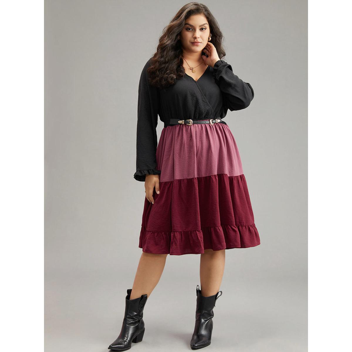Plus Size Colorblock Contrast Ruffle Layered Hem Dress Black Women Casual Gathered V-neck Long Sleeve Curvy Midi Dress BloomChic 10/M Product Image