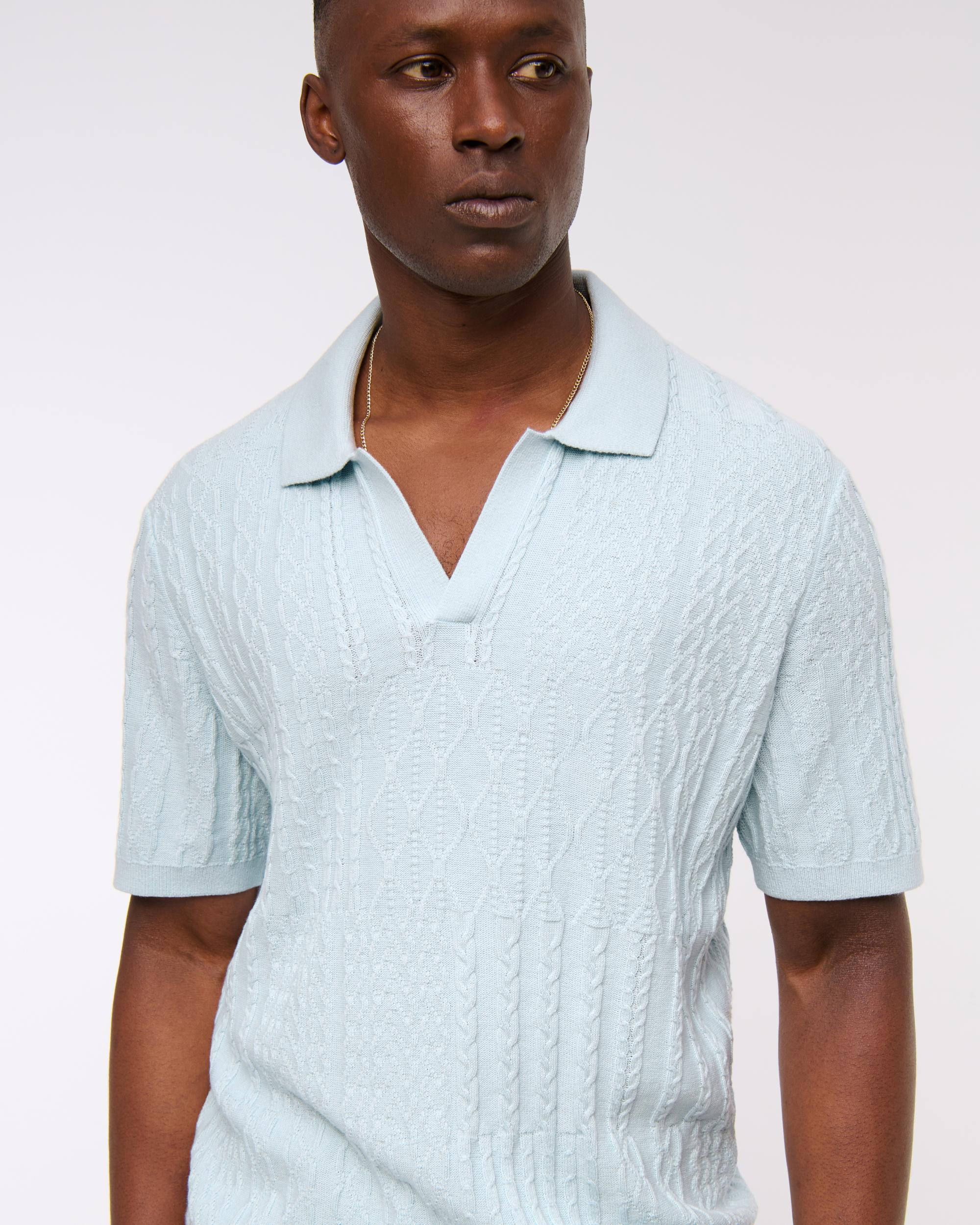 Cable Patchwork Johnny Collar Sweater Polo Product Image