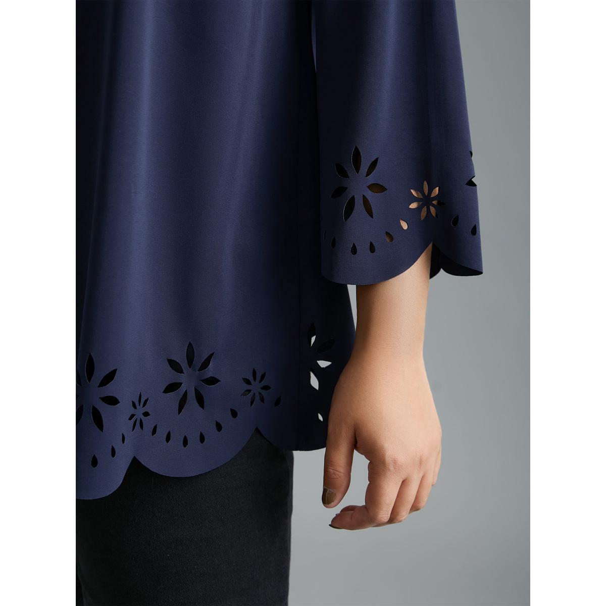 Plus Size Indigo Laser Cut Design V-Neck Blouse Women At the Office Three Quater Length Sleeve V-neck Work Blouses BloomChic 18-20/2X Product Image