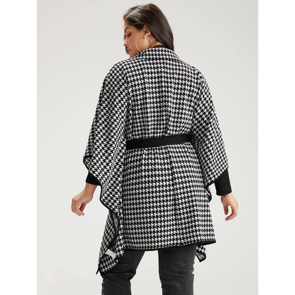 Plus Size Houndstooth Dolman Sleeve Lapel Collar Belted Coat Women Black Casual Belted Loose Ladies Dailywear Winter Coats BloomChic 14-16/1X Product Image