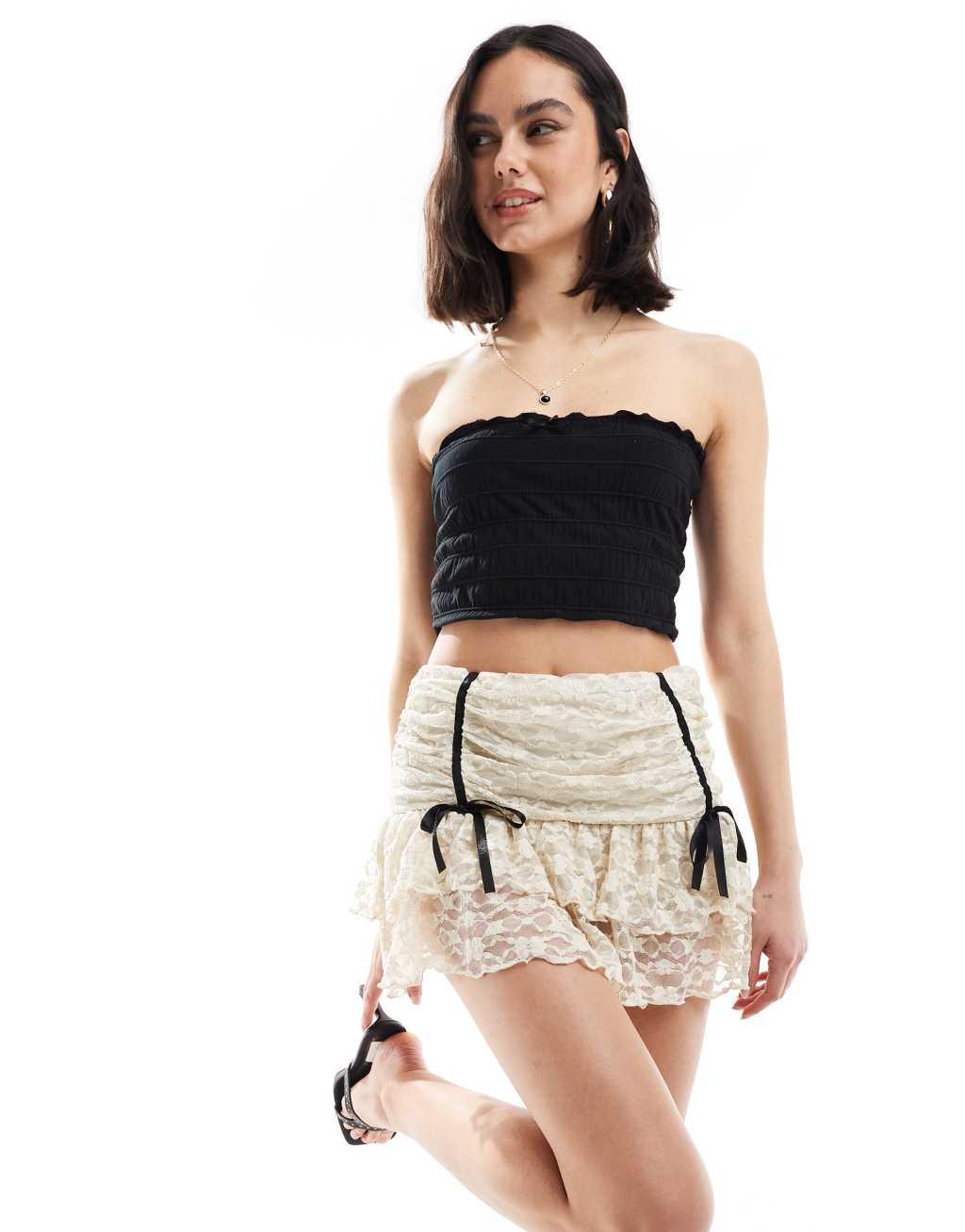 Miss Selfridge bow ruffle detail lace skort in cream Product Image