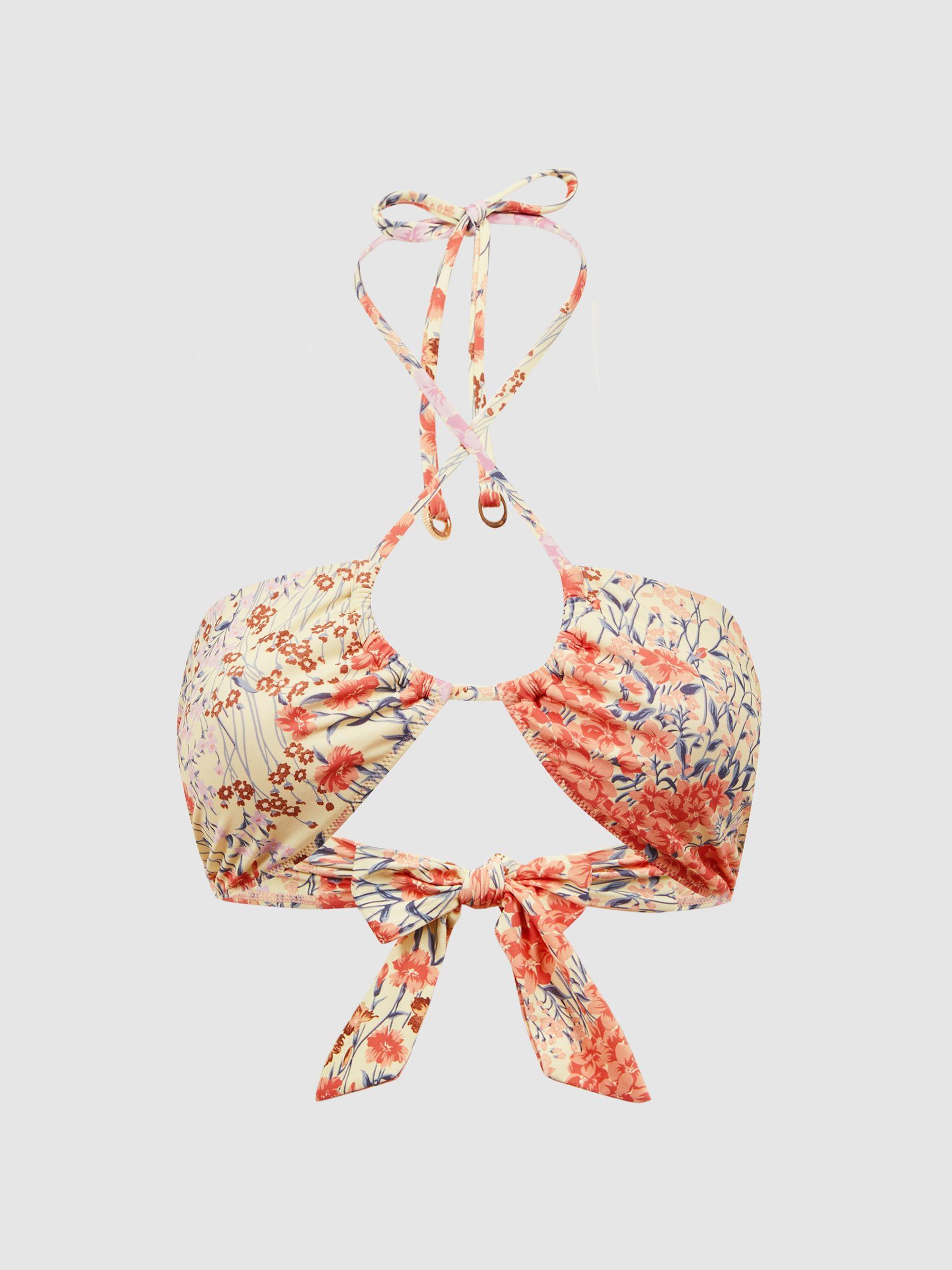 Halter Neck Floral Print Halter Neck Bikini Top in Pink Print Product Image