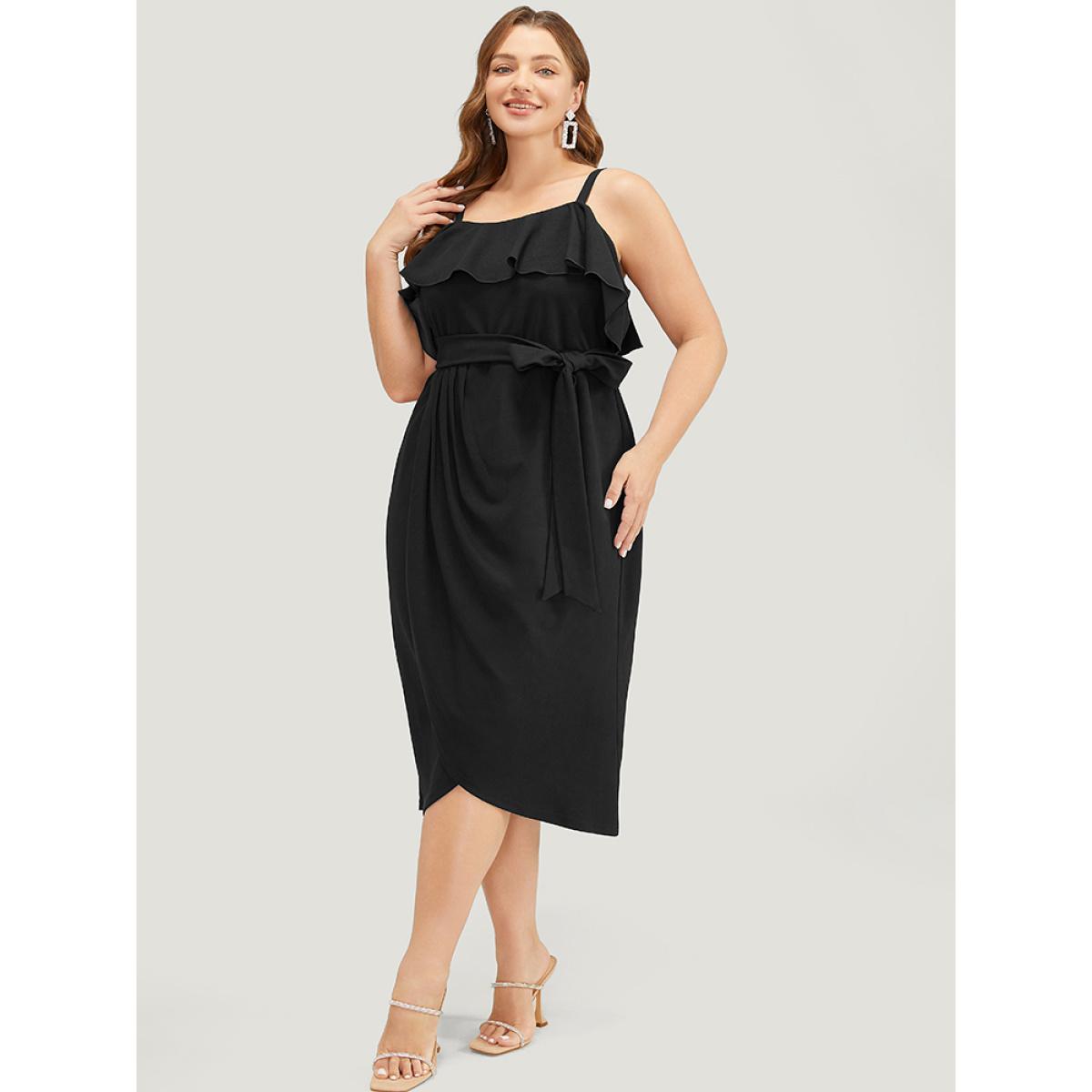 Plus Size Solid Ruffle Trim Belt Pleated Detail Bodycon Cami Dress Black Women Glamour Adjustable Straps Spaghetti Strap Sleeveless Curvy Midi Dress BloomChic 18-20/2X Product Image