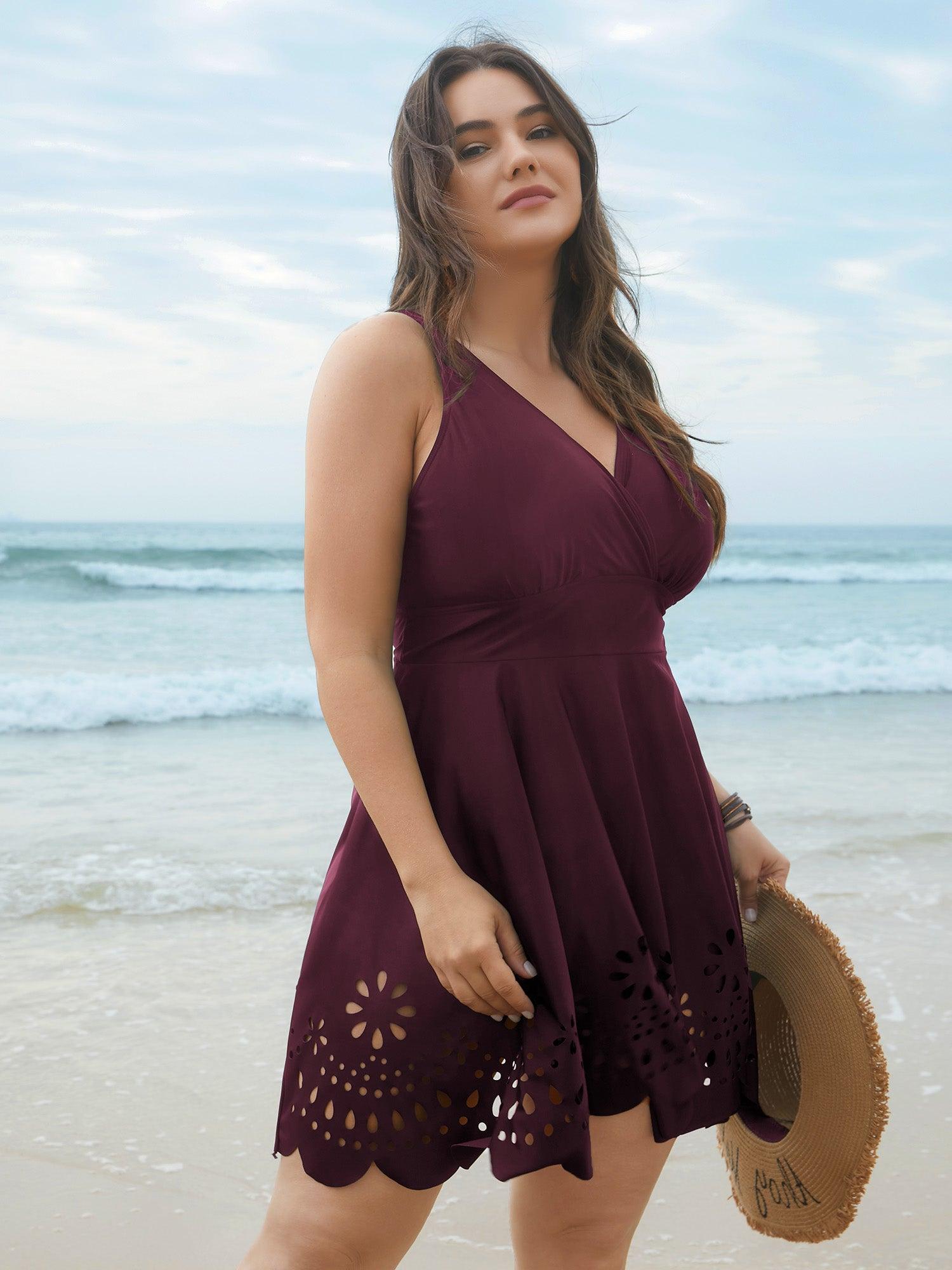 Laser Cut Surplice Neck Waist-Cinched Swim Dress Female Product Image