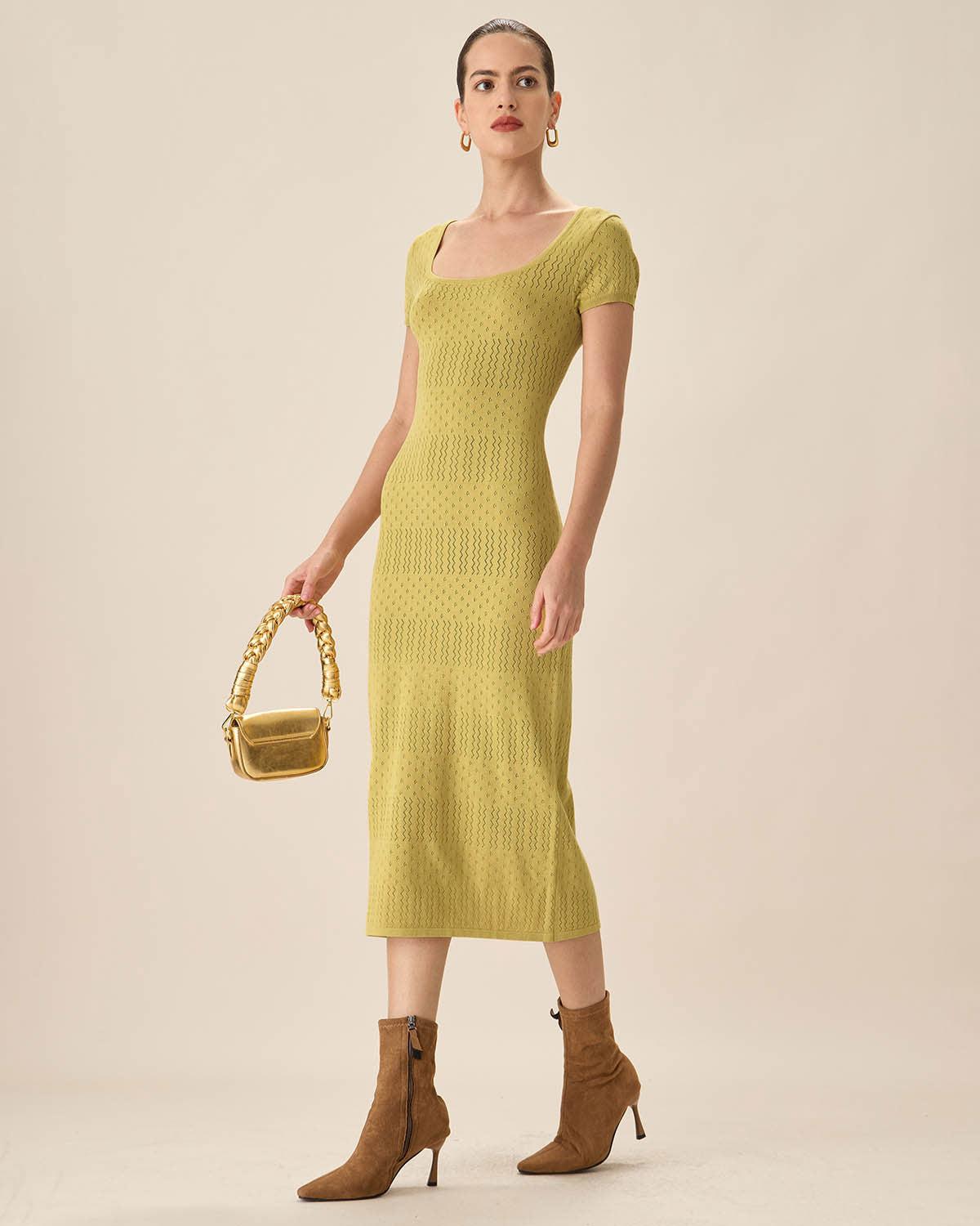 Green Square Neck Bodycon Midi Dress Product Image