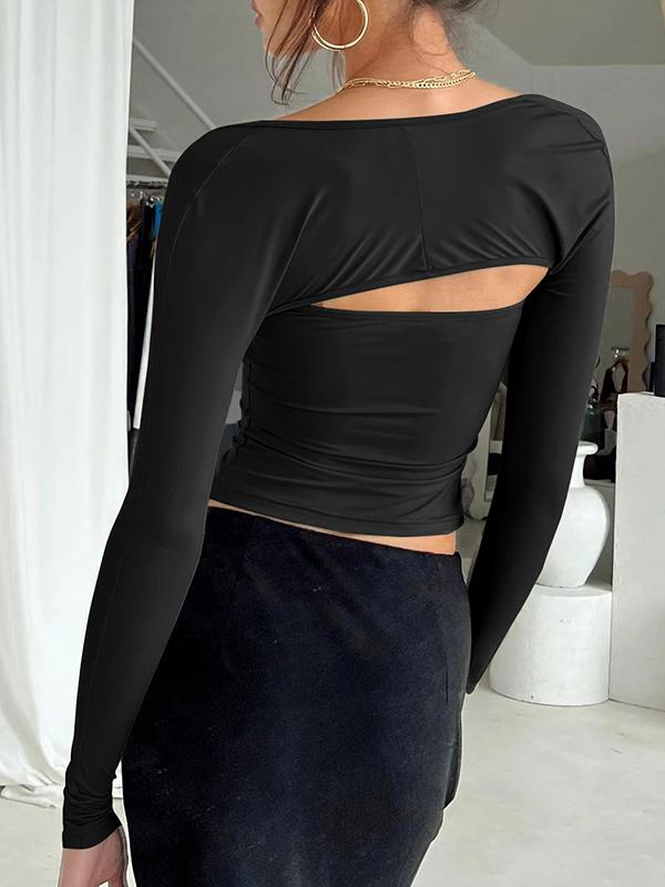 Long Sleeves Skinny Solid Color Collarless T-Shirts Tops Product Image