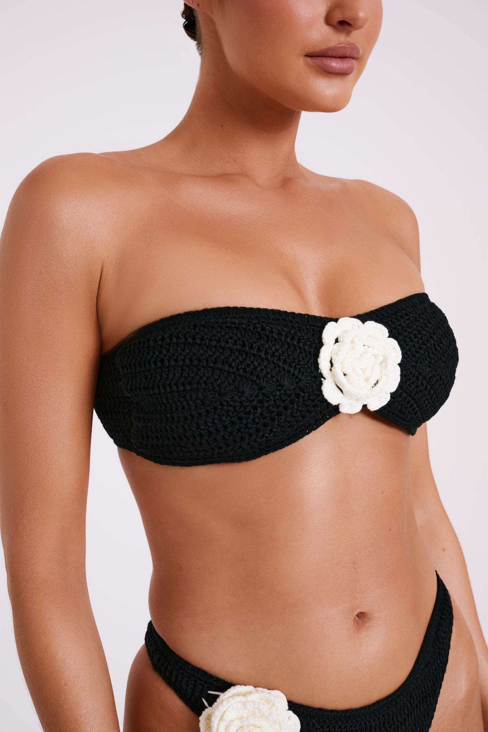 Noreen Rose Contrast Crochet Bikini Top - Black Product Image