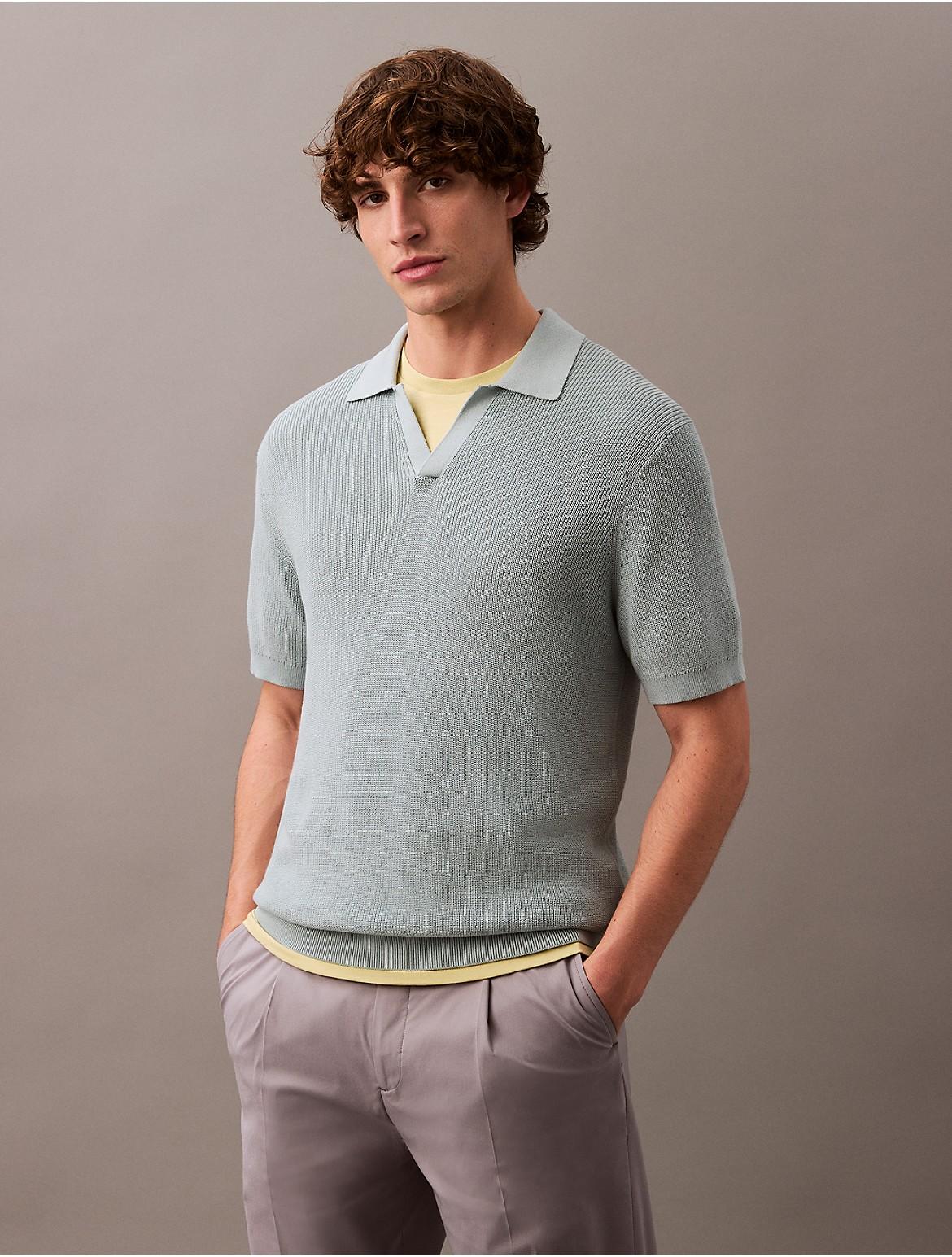 Calvin Klein Mens Textured Cotton Johnny Collar Polo Sweater - Grey Product Image