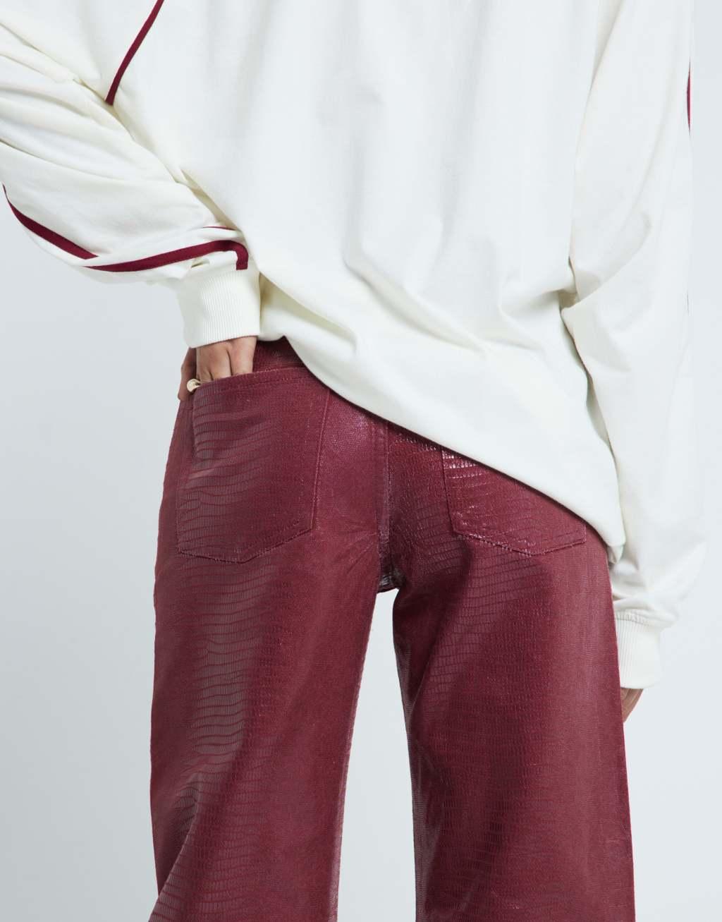 River Island snake relaxed straight jeans in burgundy Product Image