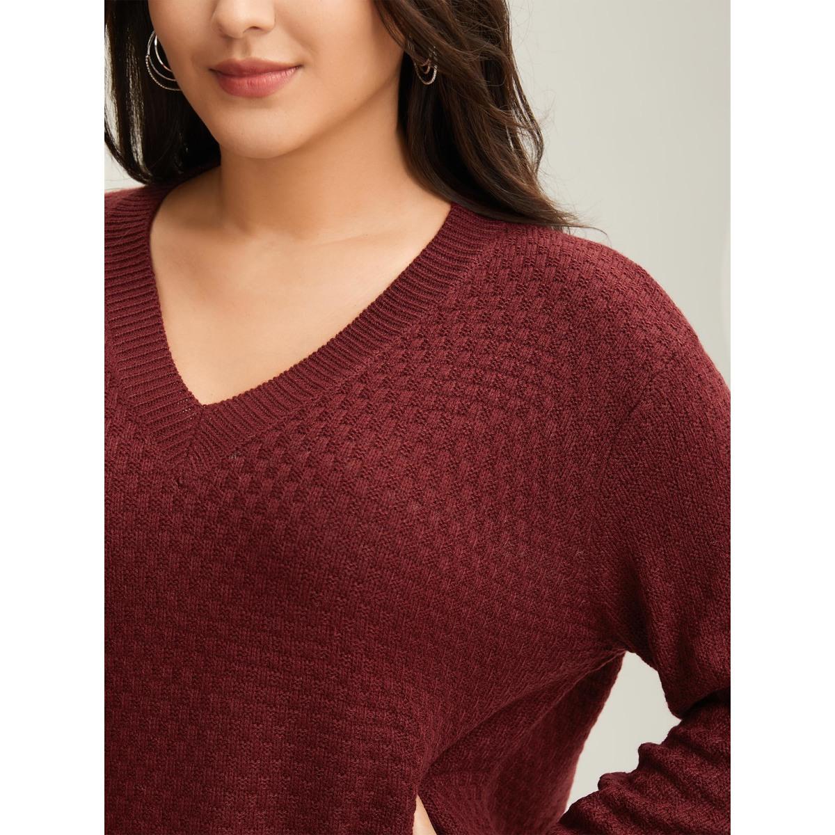 Plus Size Solid Pointelle Knit V Neck Loose Knit Top Chocolate Women Leisure Loose Long Sleeve V-neck Casual Pullovers BloomChic 18-20/2X Product Image