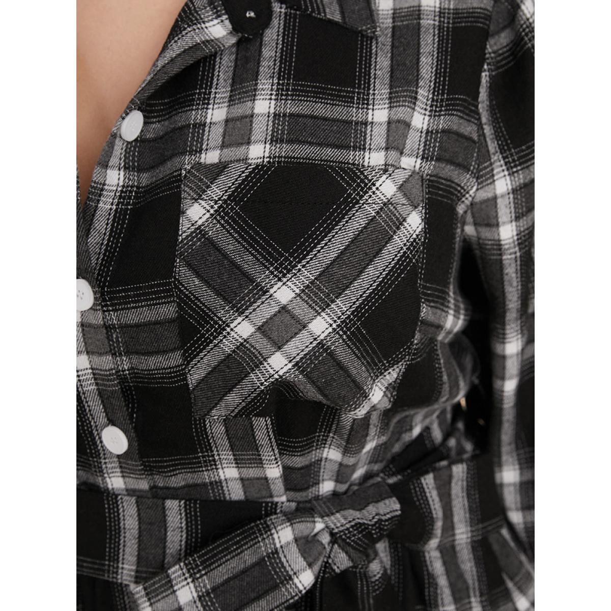 Plus Size Plaid Pocket Button Cuffed Sleeve Belted Arc Hem Dress Black Women Office Belted Shirt collar Long Sleeve Curvy Midi Dress BloomChic 30/6X Product Image