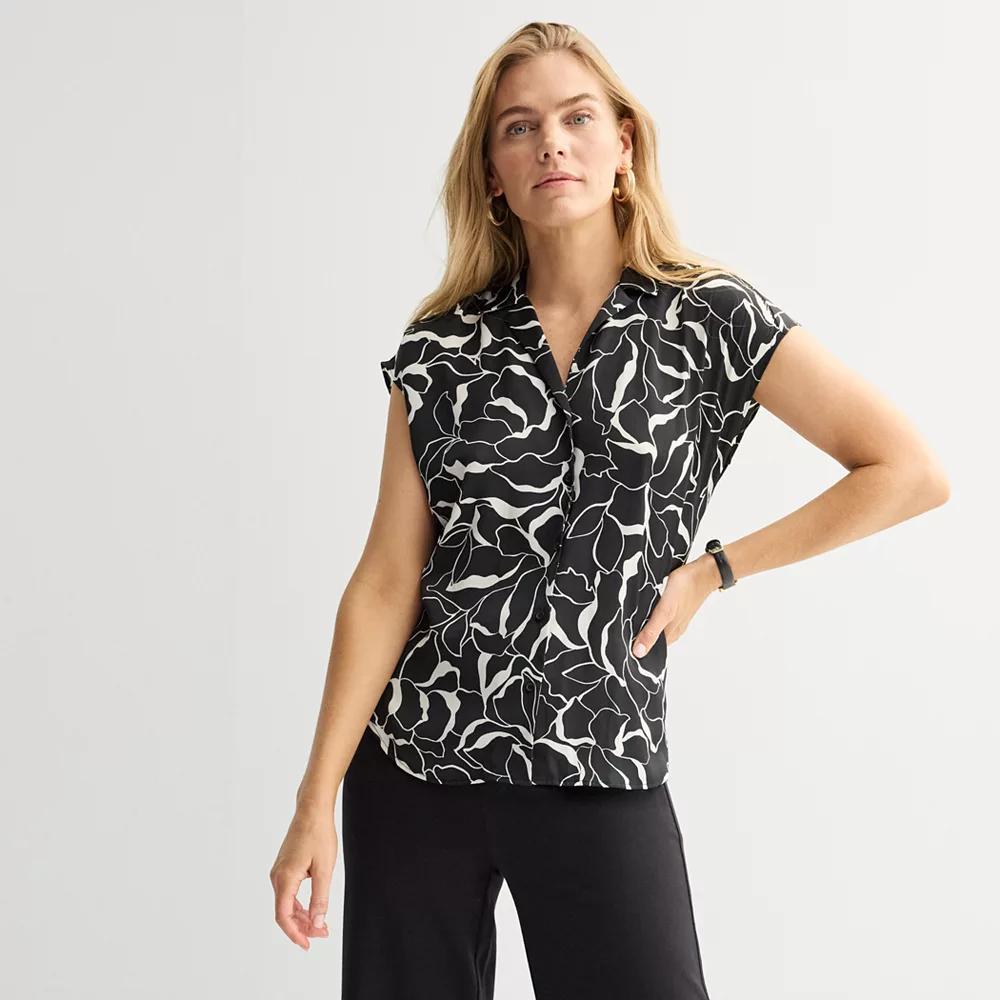 Women's Petite Nine West Short Sleeve Easy Lapel Shirt, Size: Medium Petite, Black Glass Floral Product Image