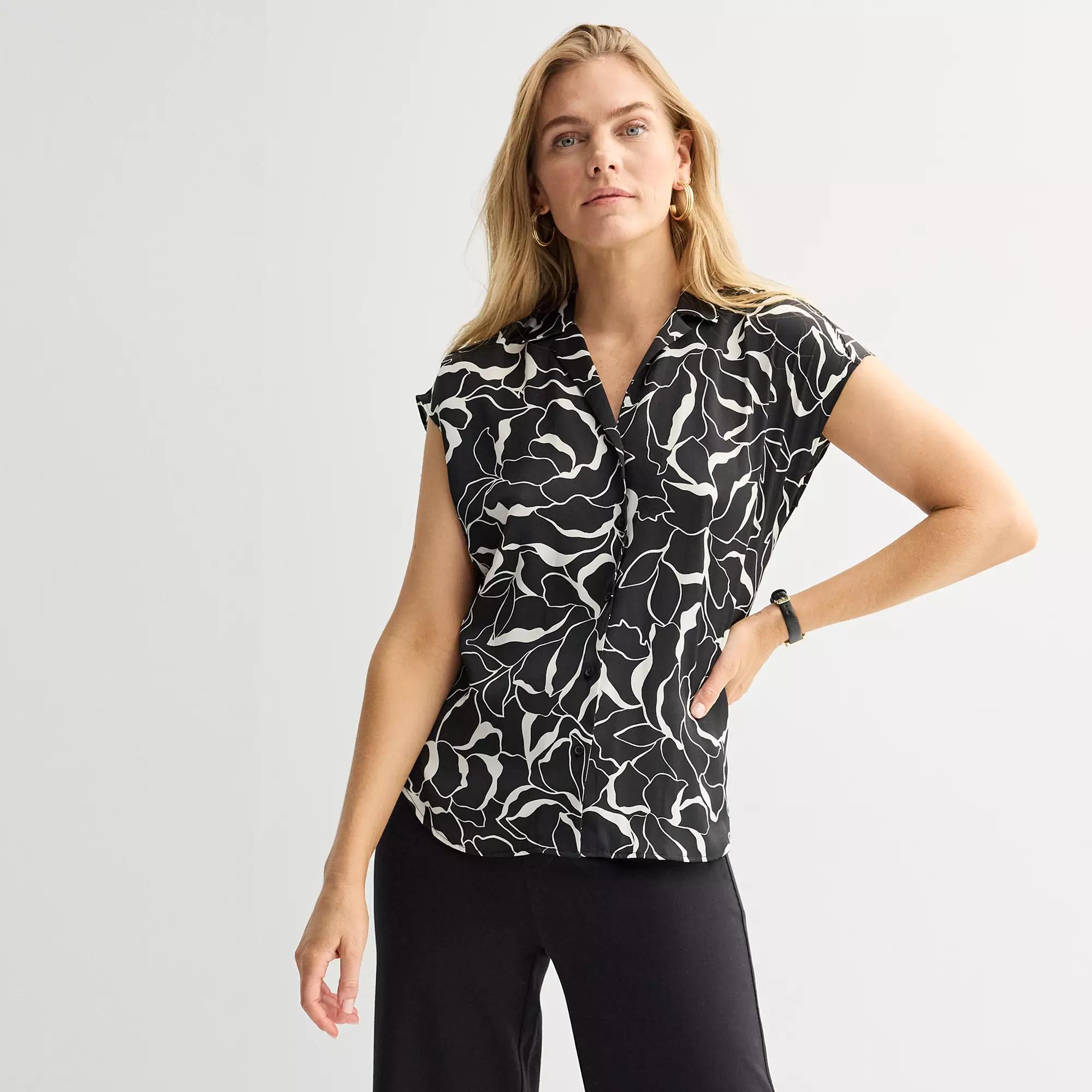 Women's Petite Nine West Short Sleeve Easy Lapel Shirt, Size: Medium Petite, Black Glass Floral Product Image