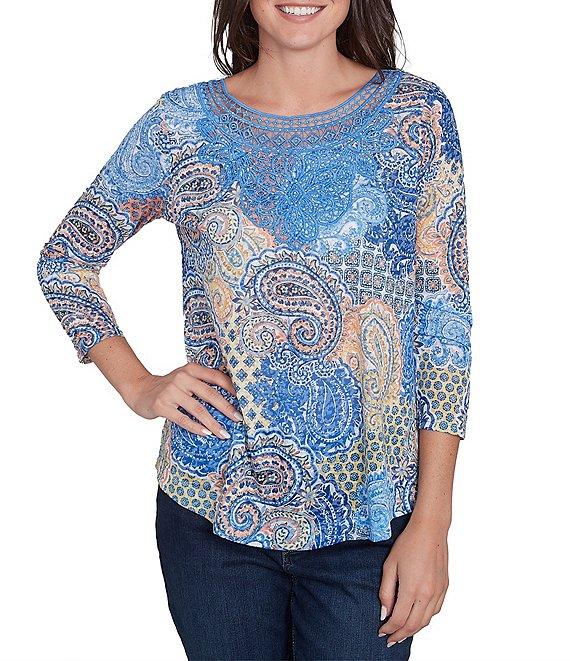 Ruby Rd. Knit Embellished Mixed Paisley Print Metallic Studded Lace Applique Scoop Neck 3/4 Sleeve Top Product Image