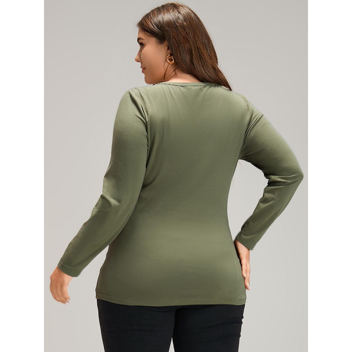 Plus Size Cotton Solid Button Down T-shirt ArmyGreen Women Elegant Plain Plain Round Neck Dailywear T-shirts BloomChic 18-20/2X Product Image