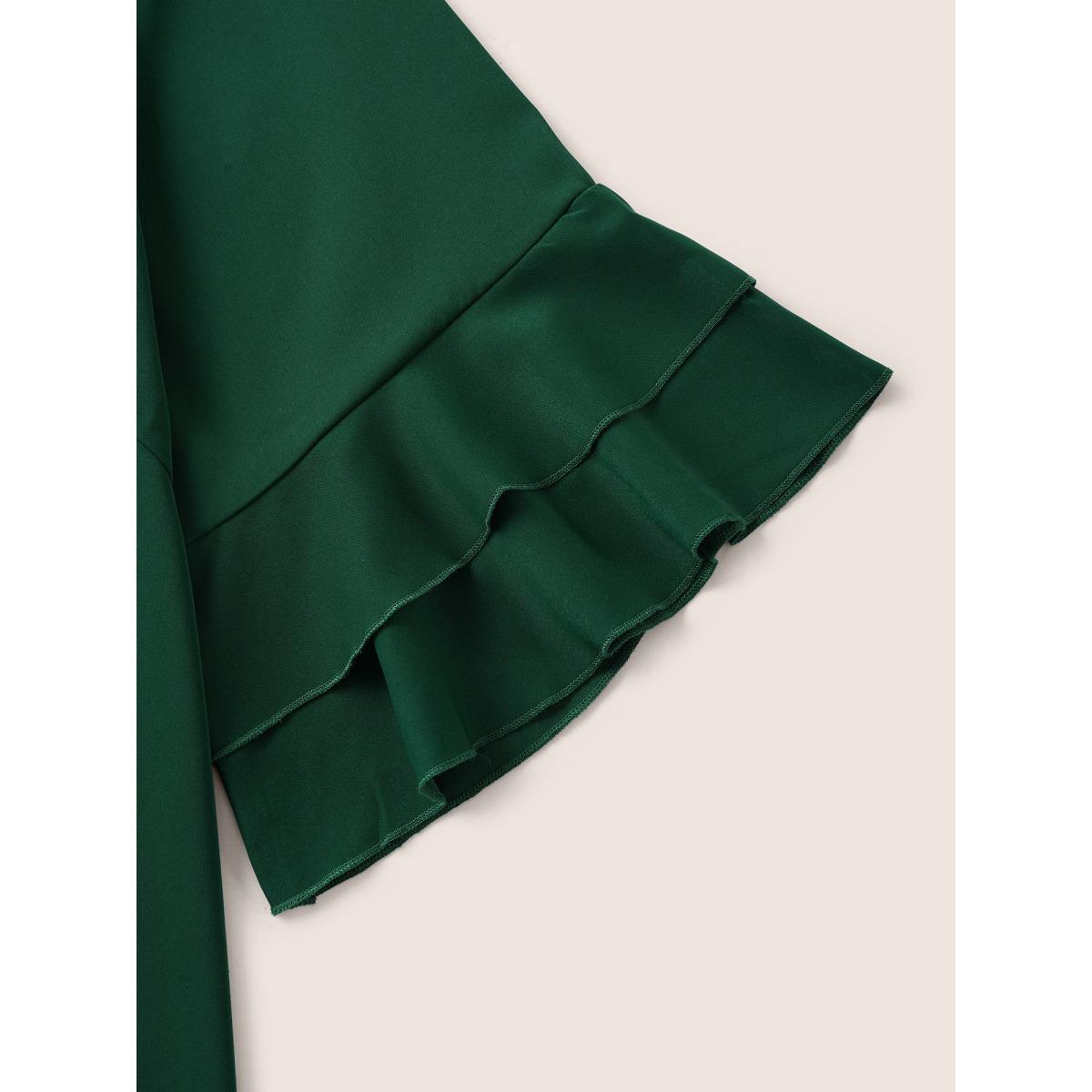 Plus Size DarkGreen Plain Ruffle Tiered Round Neck Blouse Women Work From Home Elbow-length sleeve Round Neck Work Blouses BloomChic 14-16/1X Product Image