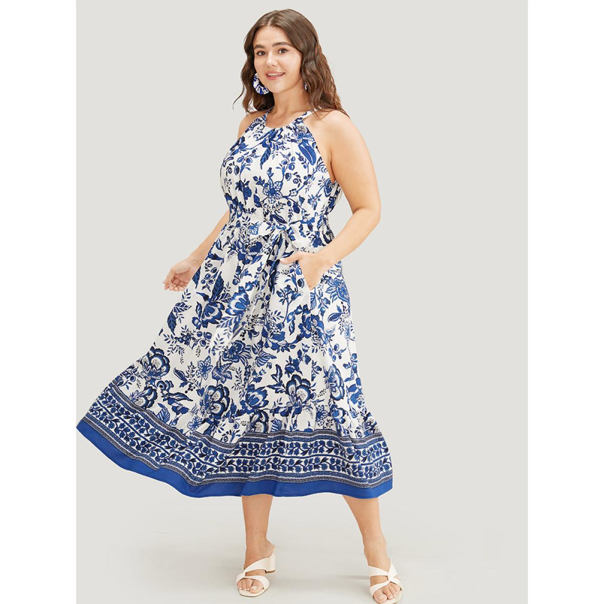 Plus Size Bandana Print Knotted Flutter Hem Pocket Belted Halter Dress DarkBlue Women Vacation Knotted Halter neck Sleeveless Curvy Midi Dress BloomChic 30/6X Product Image