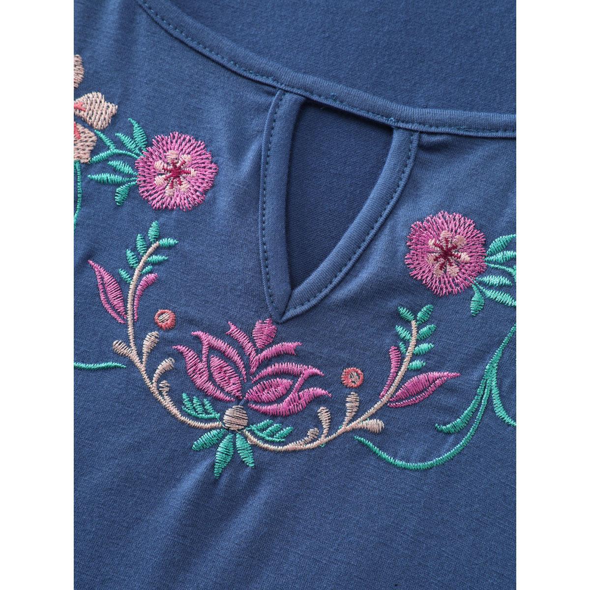 Plus Size Colorful Floral Embroidered Neckline T-Shirt Mediumblue Women Boho Notched collar Vacation T-shirts BloomChic 28/5X Product Image