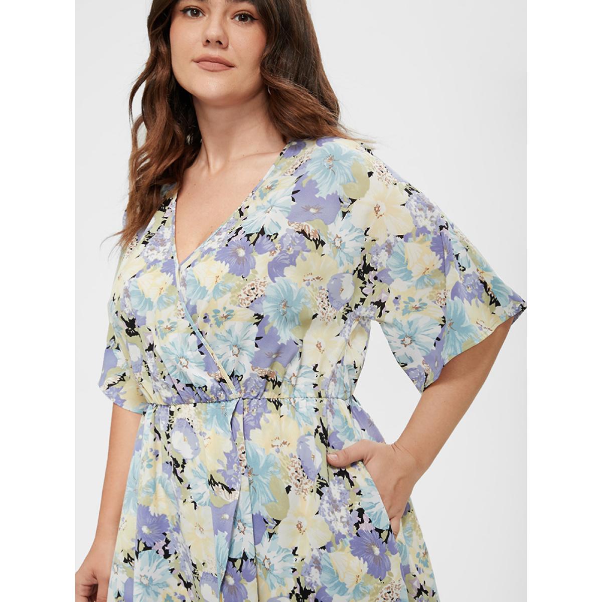 Plus Size Floral Split Pocket Button Detail Wrap Maxi Dress Purple Women Dating Wrap V-neck Short sleeve Curvy Midi Dress BloomChic 12/L Product Image