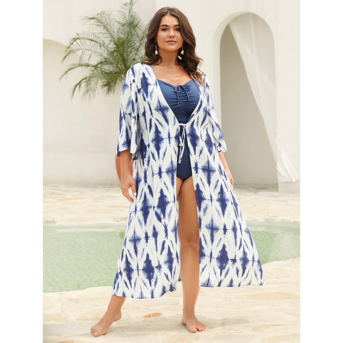 Plus Size Tie Dye Front-Tie Kimono Women Indigo Tie knot Loose Vacation Kimonos BloomChic 28/5X Product Image